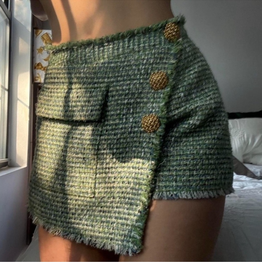 Self-Portrait Green Tweed Mini Skort Sz 2 - Picture 3 of 11